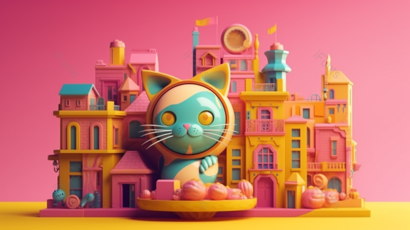 邱圣贤风格卡通猫主题建筑群背景,插画/手绘图,插画/手绘图库,插画/手绘图下载,插画/手绘